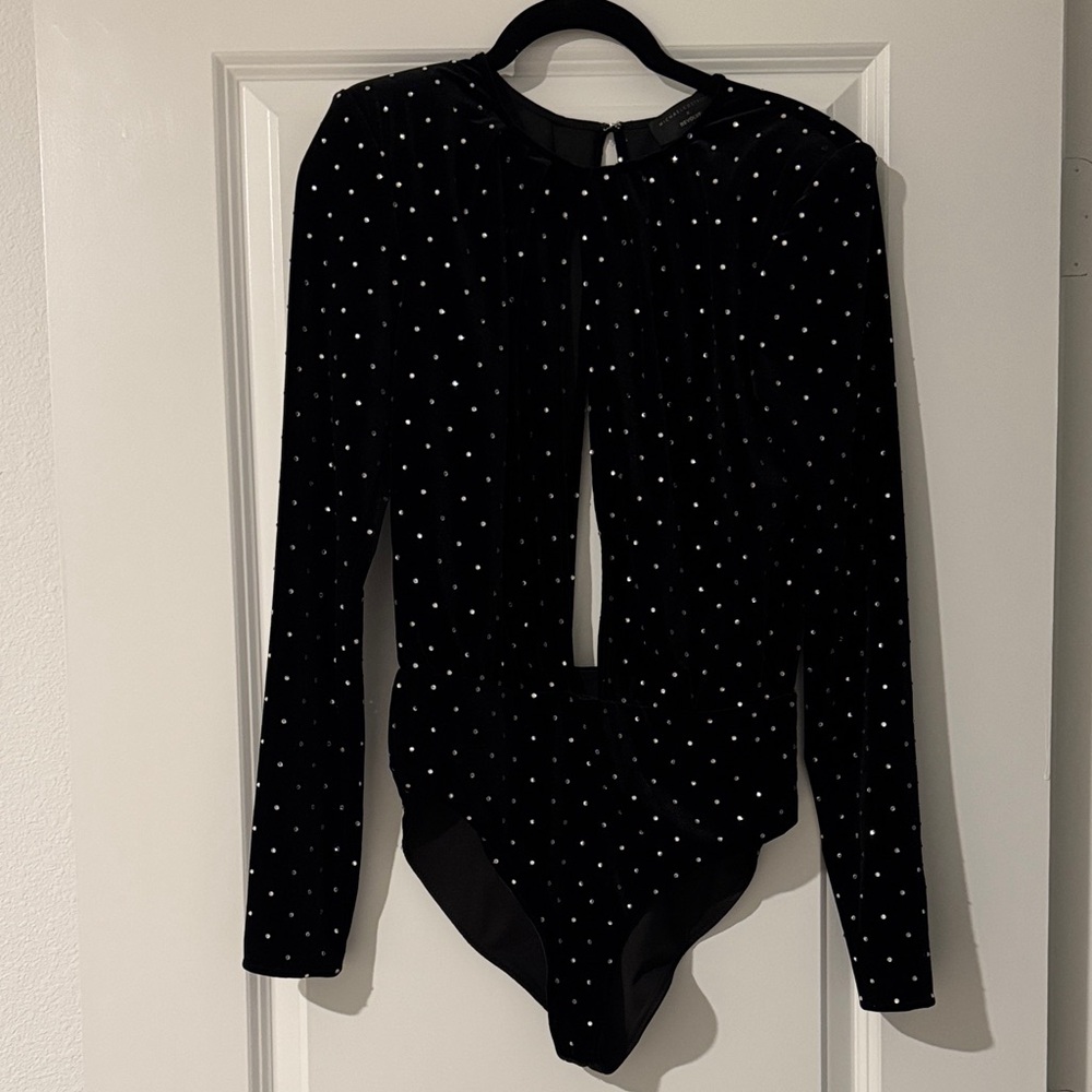 Michael Costello X Revolve Black Velvet Rhinestone Deep V bodysuit size Small